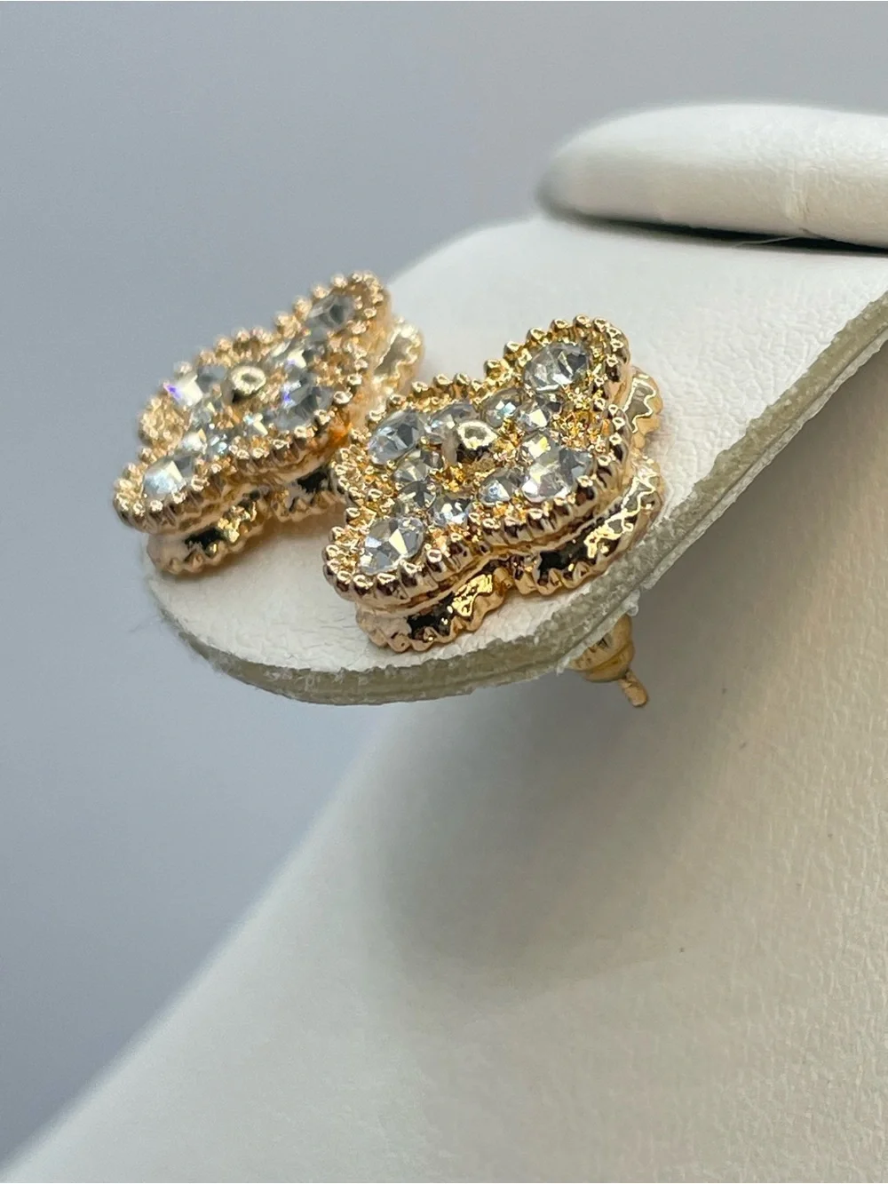 Gold Diamond White Crystal Cluster Stud Earrings Square Halo Sparkle